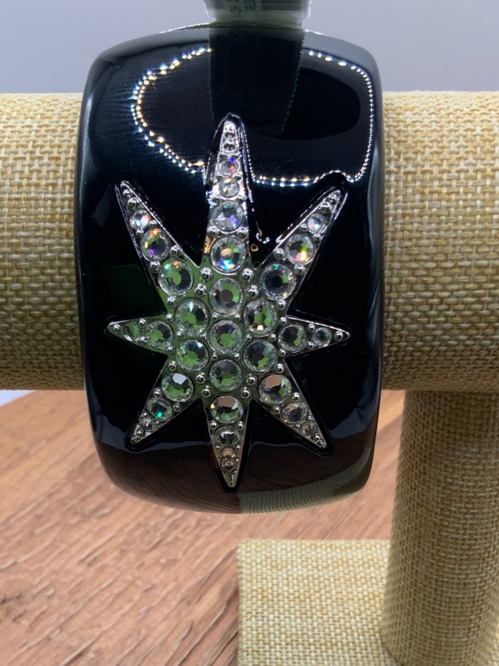 White House Black Market Black Resin Starburst Crystal Accents Hinged Bracelet